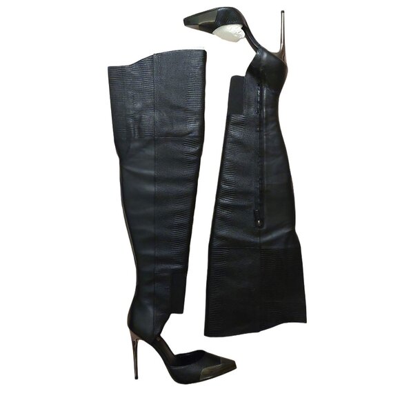 BCBGMAXAZARIA Concorde Stampede Over the Knee Black Leather Lizard Boots $695 - Picture 2 of 12